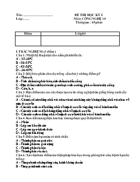 Đề thi học kỳ I môn Công nghệ 10
